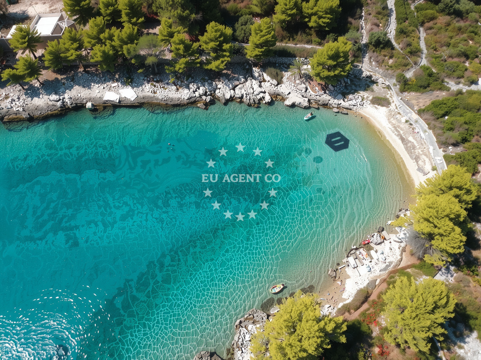 Yacht anchored at Ciovo Island with nearby Labadusa Beach in the distance
