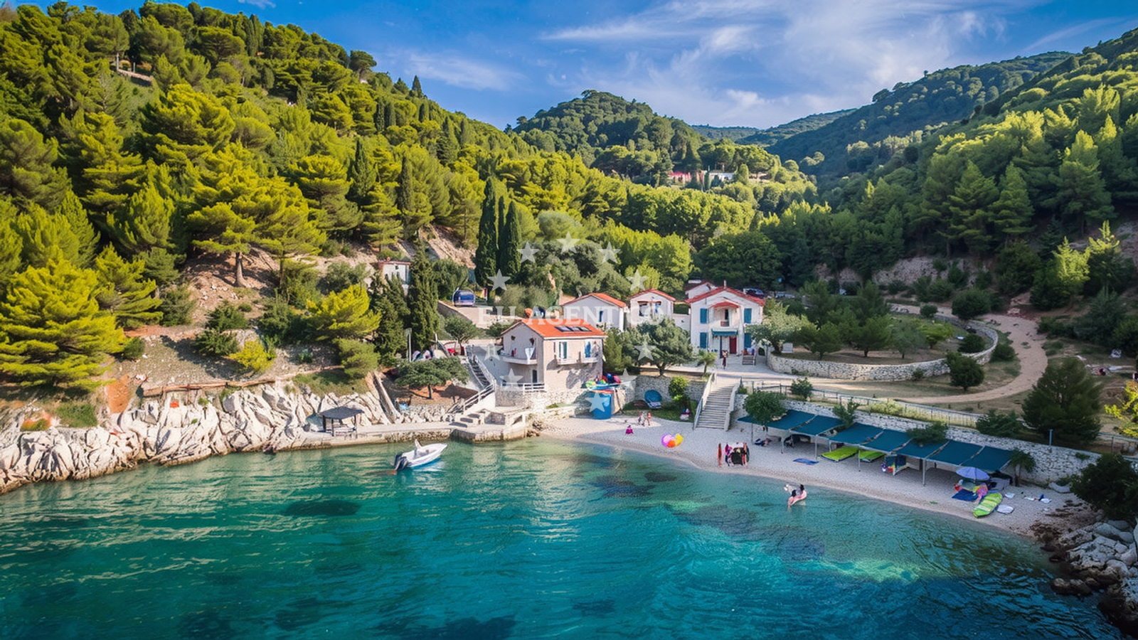 Marina Tučepi, Central Dalmatia, Croatia with yachts docked and boats in the distance