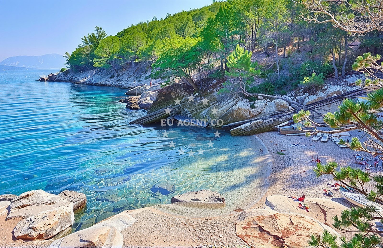 Boat anchored in Vrboska, Hvar with view of the island and surrounding waters