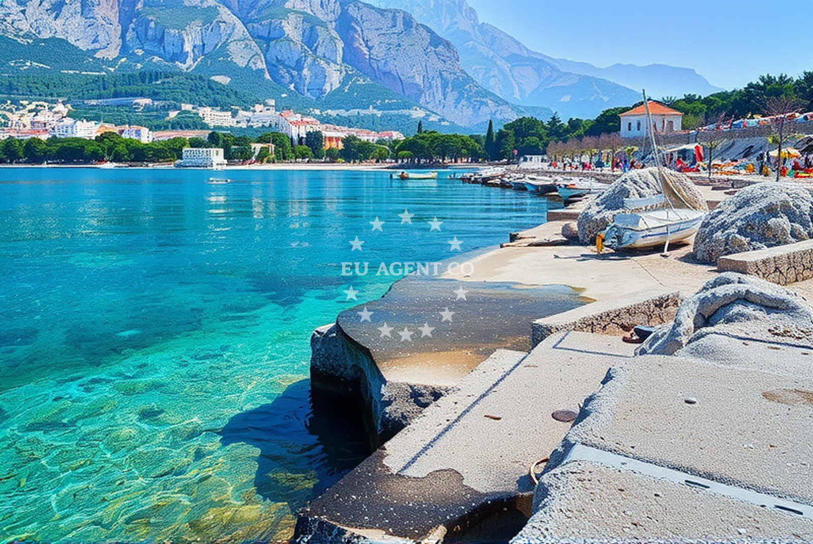 Yacht anchored off Makarska with Marina Ramova in the distance