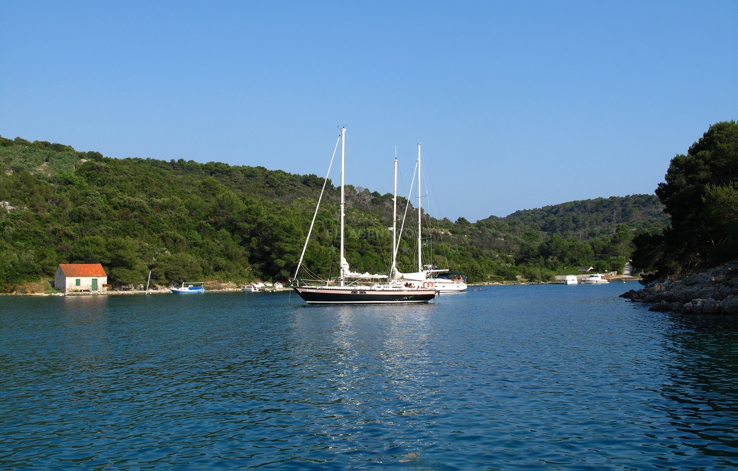 Anchorage in Necujam, Šolta, Croatia with calm waters and sandy seabed
