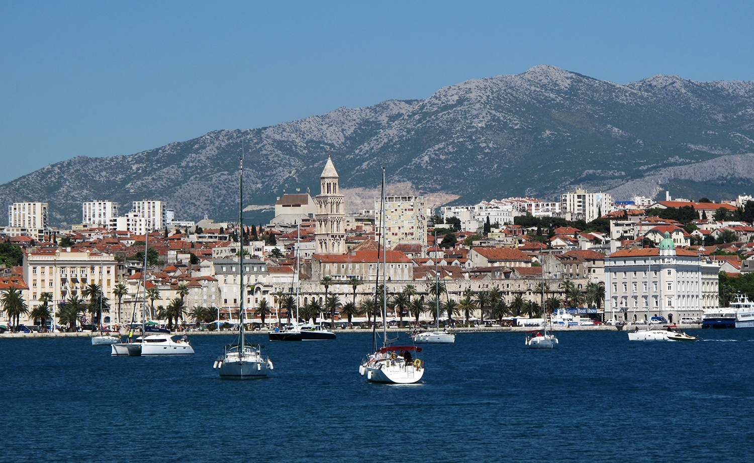 Anchorage in Split, Croatia with views of the city skyline and nearby boats