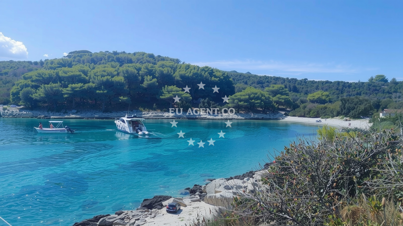Sheltered anchorage in Vlaka, St. Klement, Central Dalmatia, Croatia, with clear water and surrounding natural landmarks.
