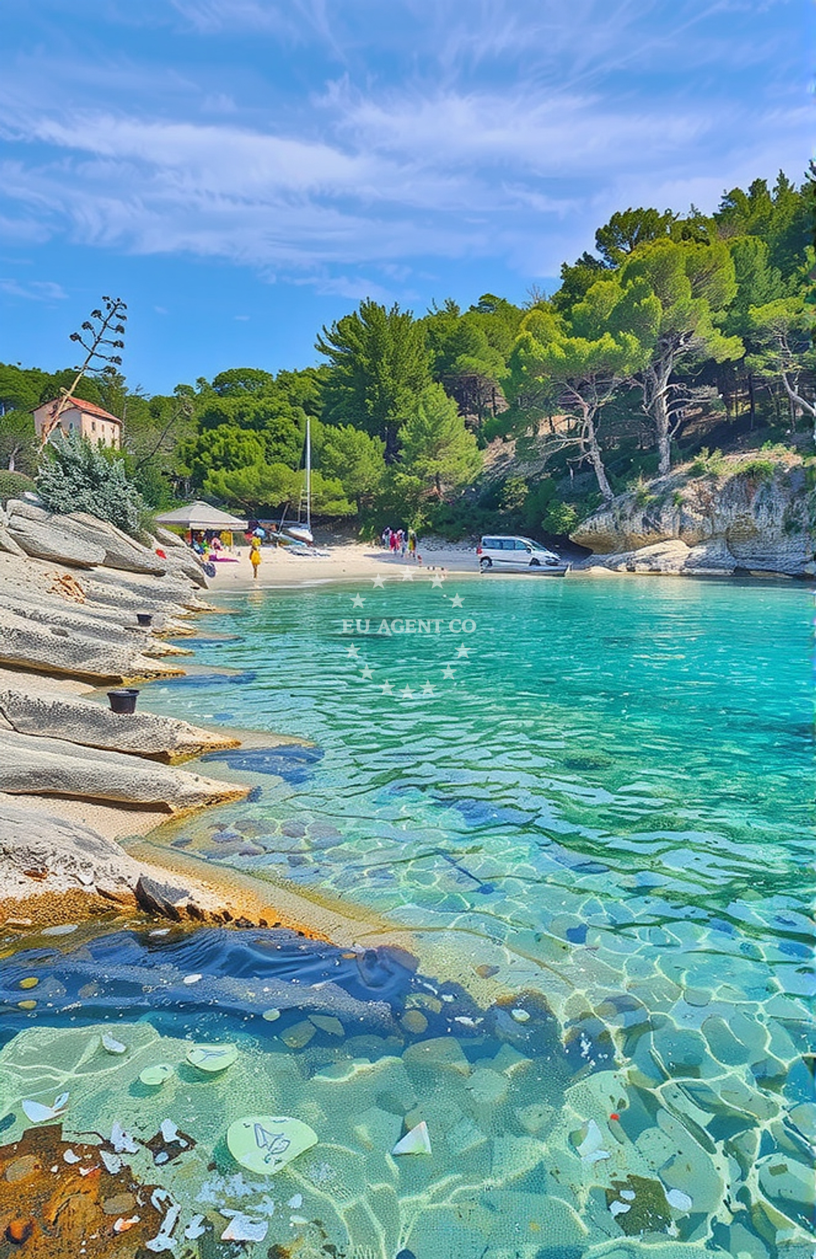 Slatina Bay, Svetac Island, with two houses on the shoreline