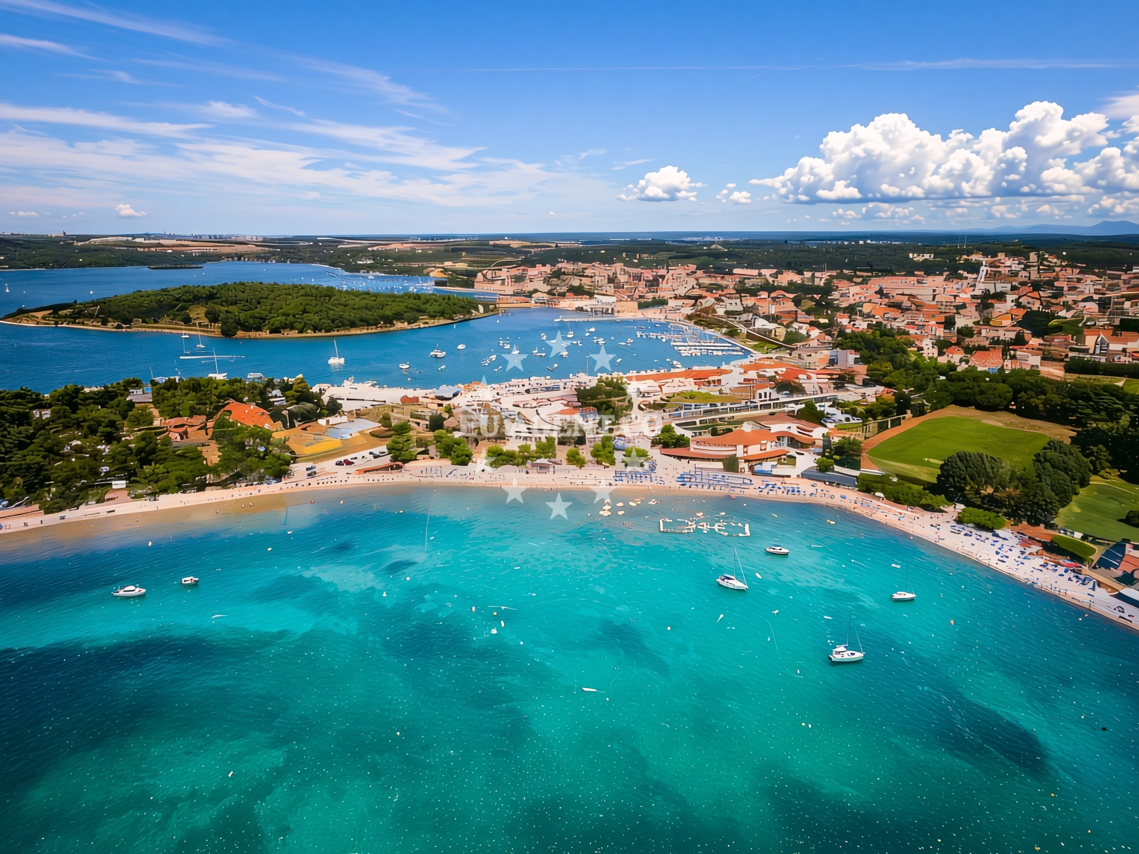Anchorage on Tijat Island, Central Dalmatia, Croatia with calm waters and surrounding cliffs