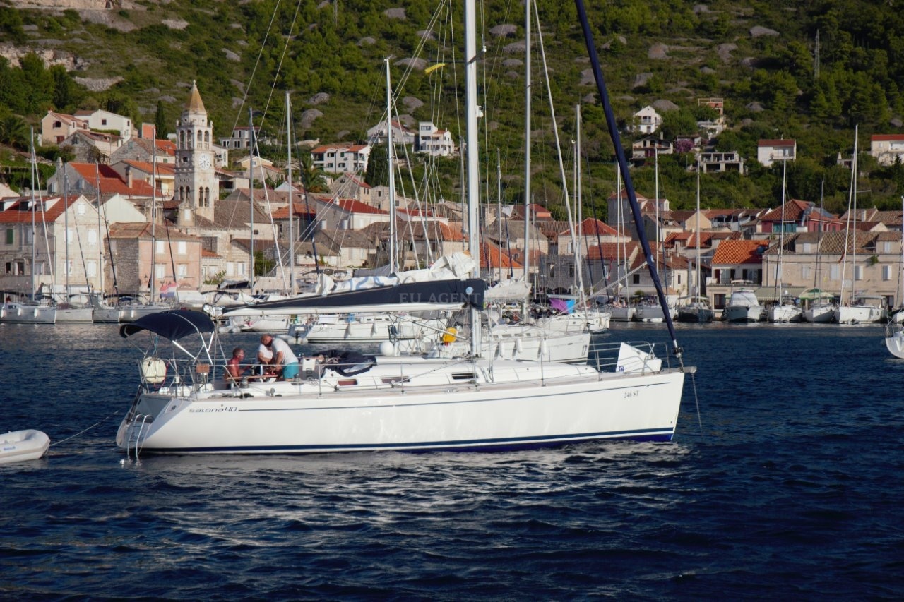 Sailboats anchoring near the harbor in Kut, Vis