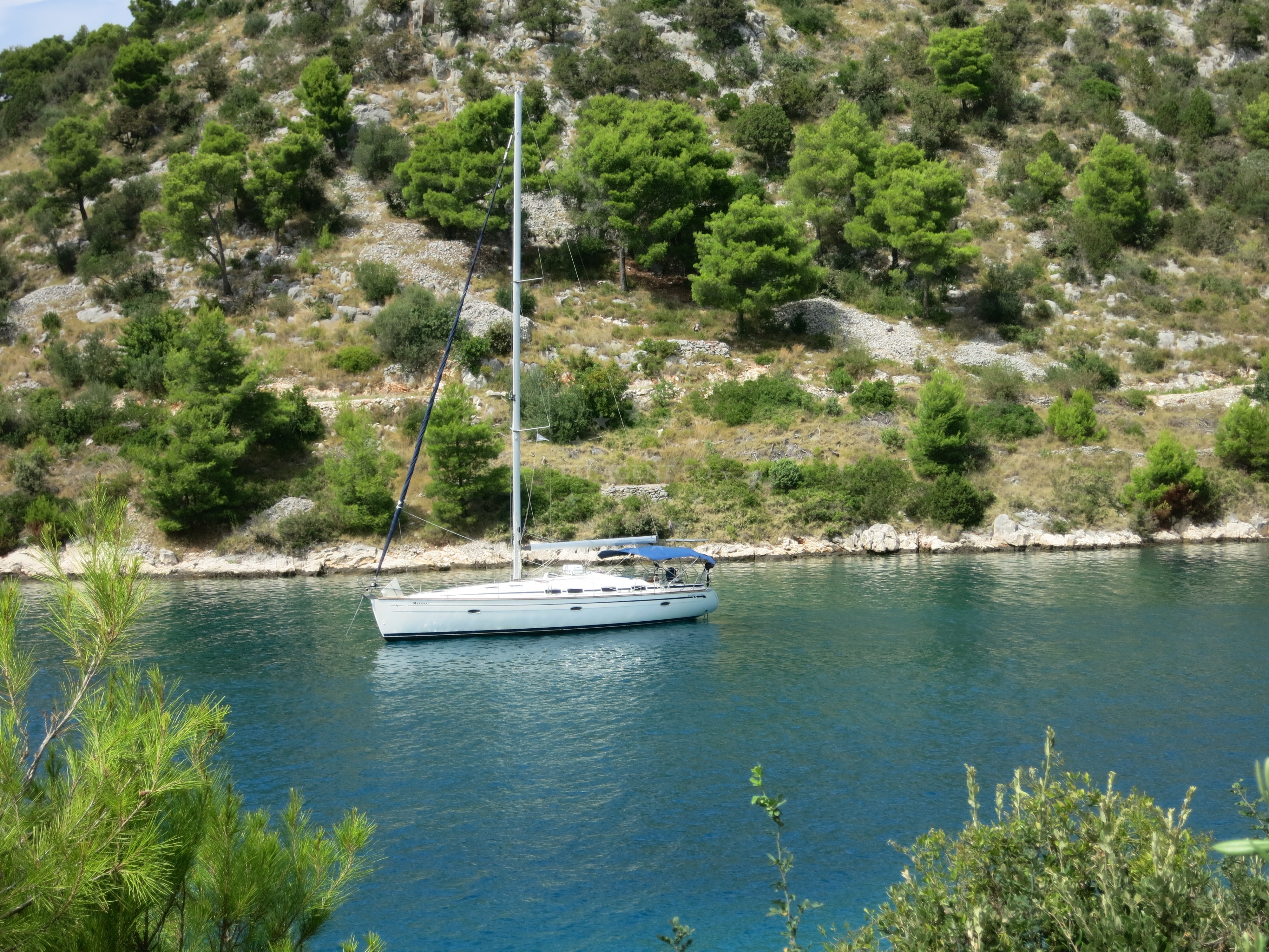 View of Vis Island from Stiniva Anchorage, Croatia, with nearby coves