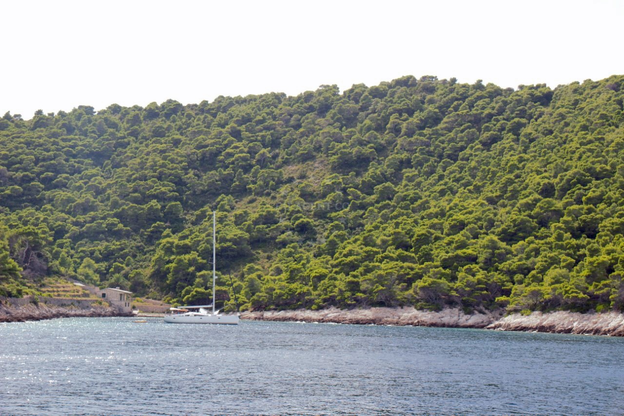 Anchorage on Vis Island, Croatia with calm waters and nearby Stoncica Bay in the distance