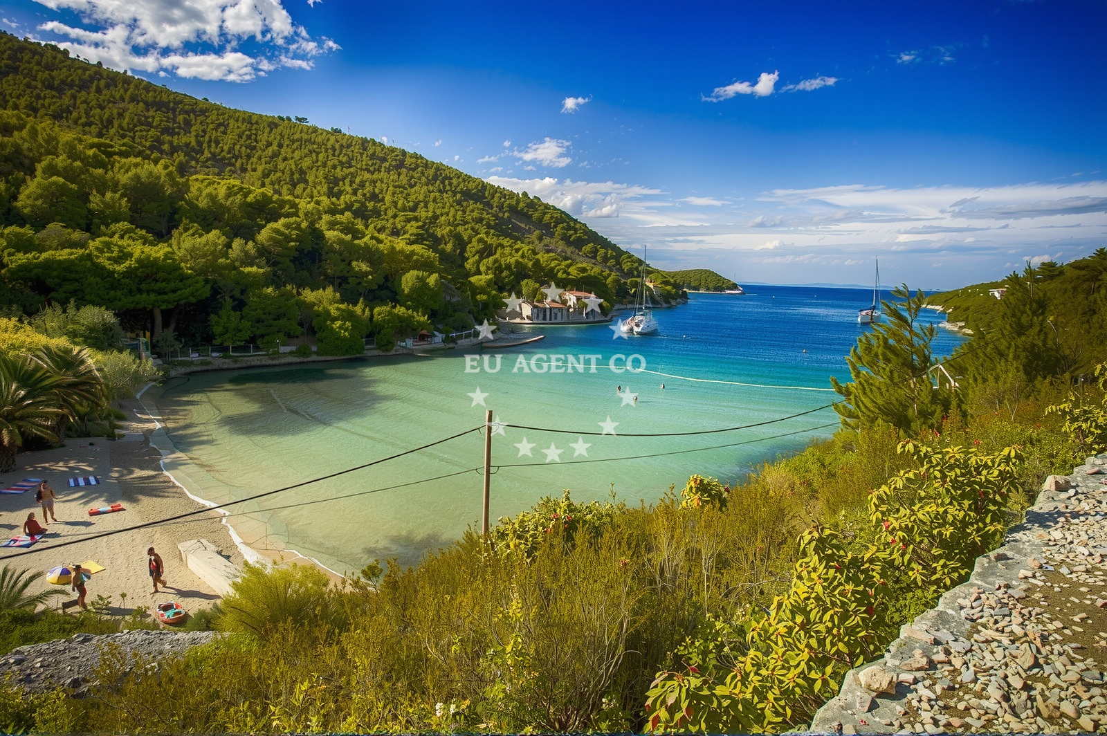 Natural anchorage on Vis Island with clear waters and surrounding hills