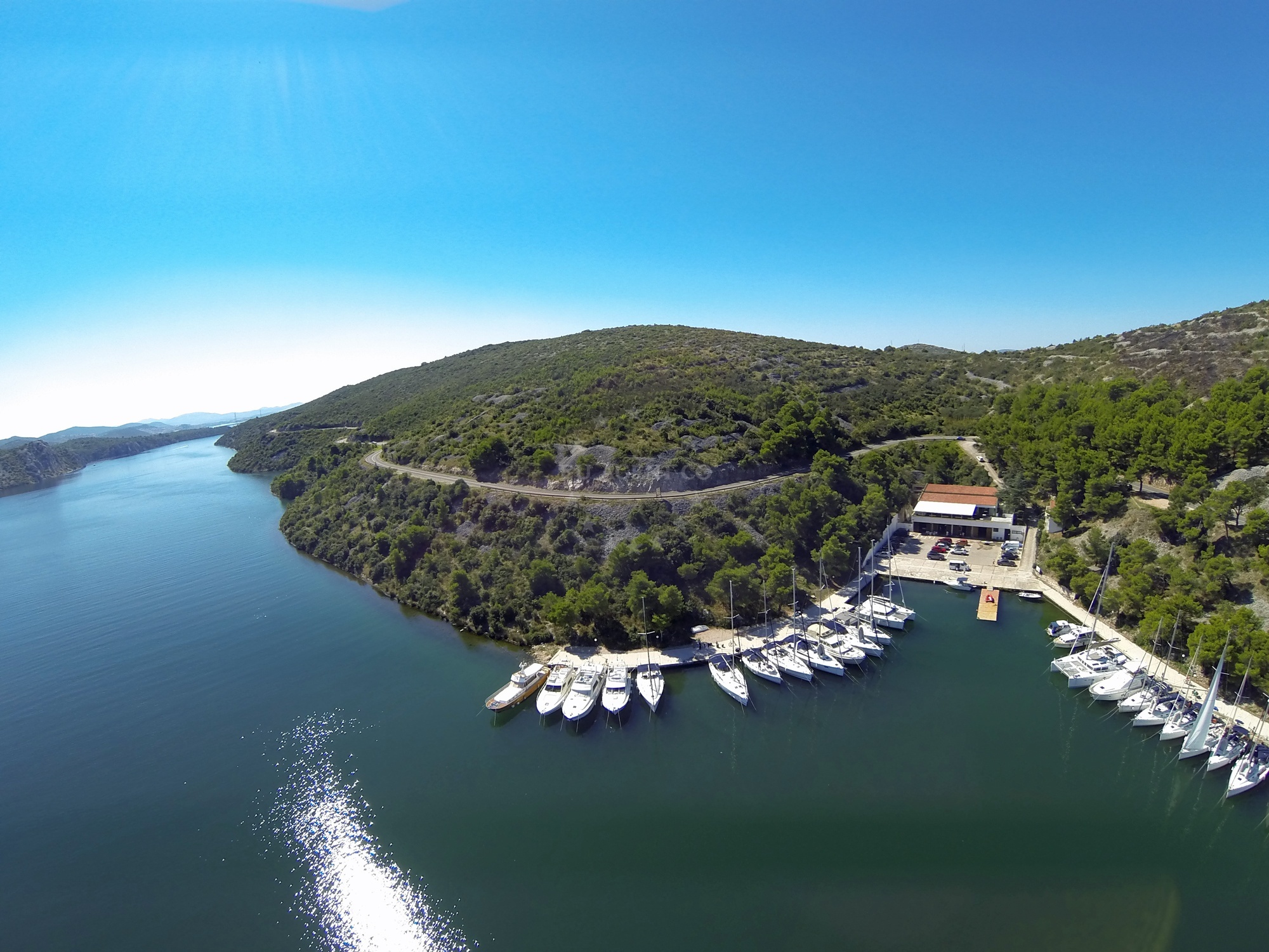 Anchorage Zaboric, Croatia with boats moored in shallow waters
