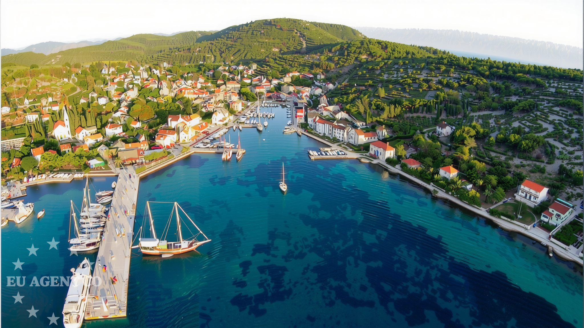 Anchorage on Zlarin Island, Croatia with a sandy seabed and distant views of the Adriatic coast