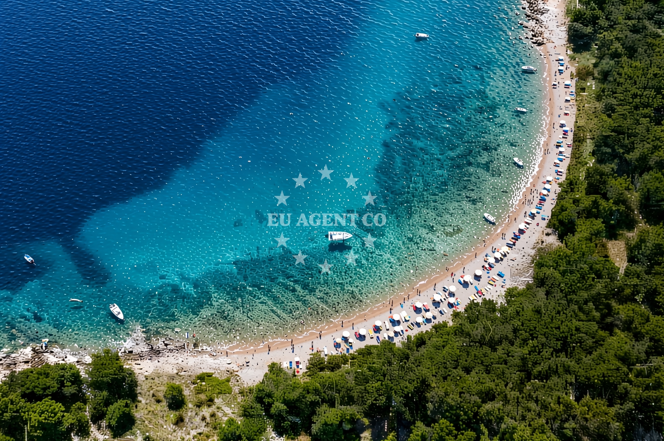Anchorage on Zmajan Island, Central Dalmatia, Croatia with shallow waters and nearby Zaklošćica