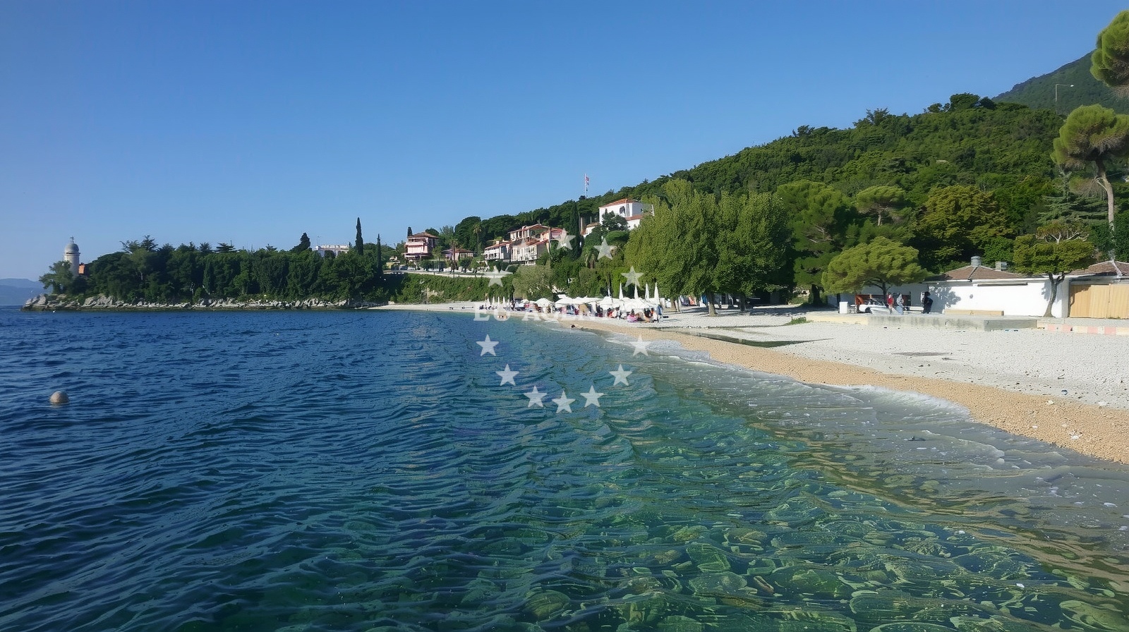 Shallow anchorage in Medveja, Croatia with calm waters and nearby Medveja village