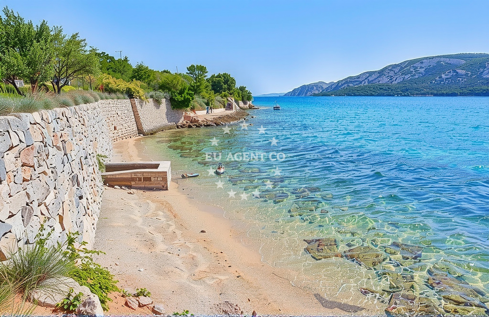 Barbat Beach on Rab Island, Croatia with clear waters and rocky shoreline