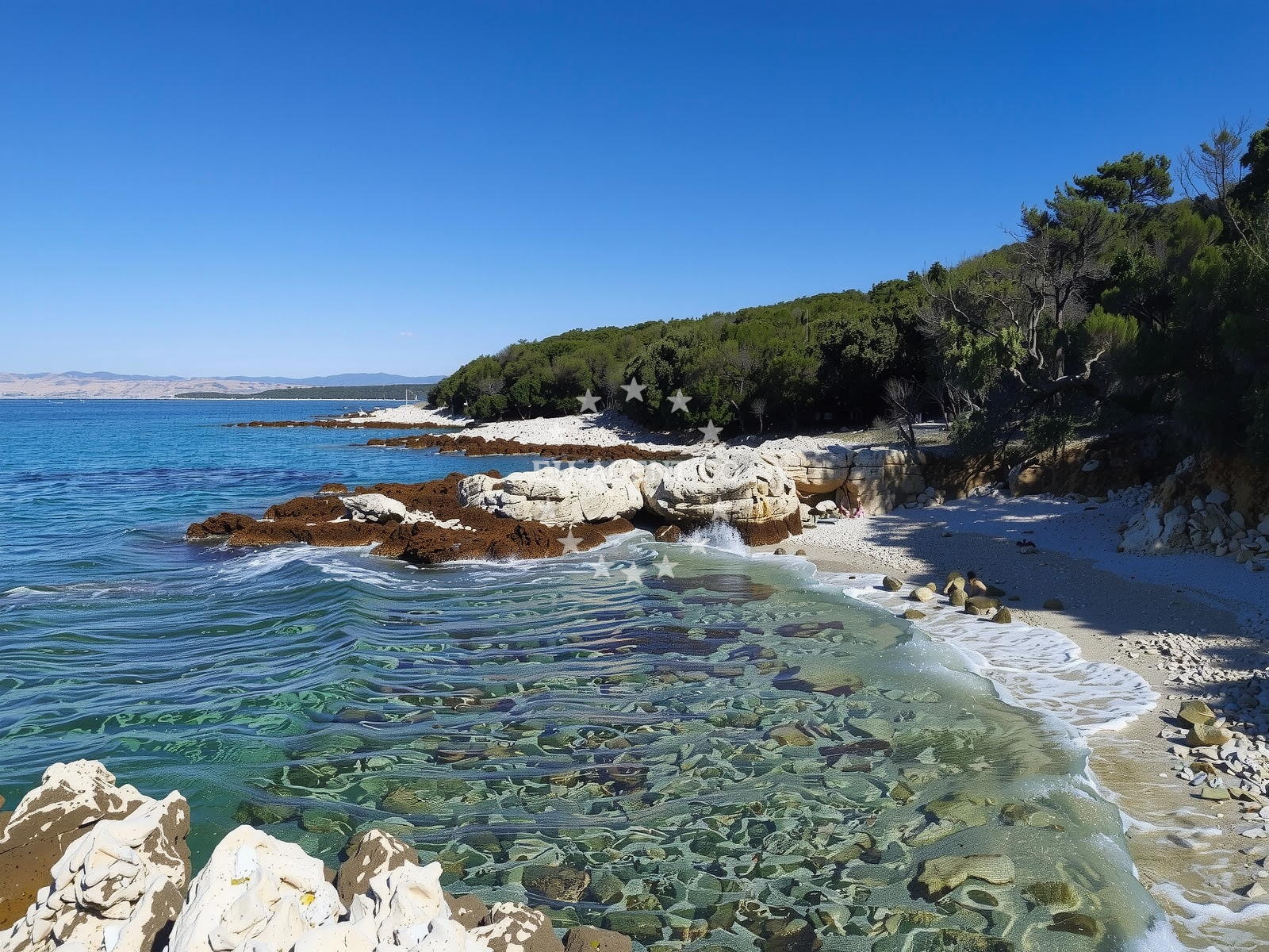 Rasatovica Anchorage on the northern coast of Rab Island, Croatia, with calm waters and nearby coastline