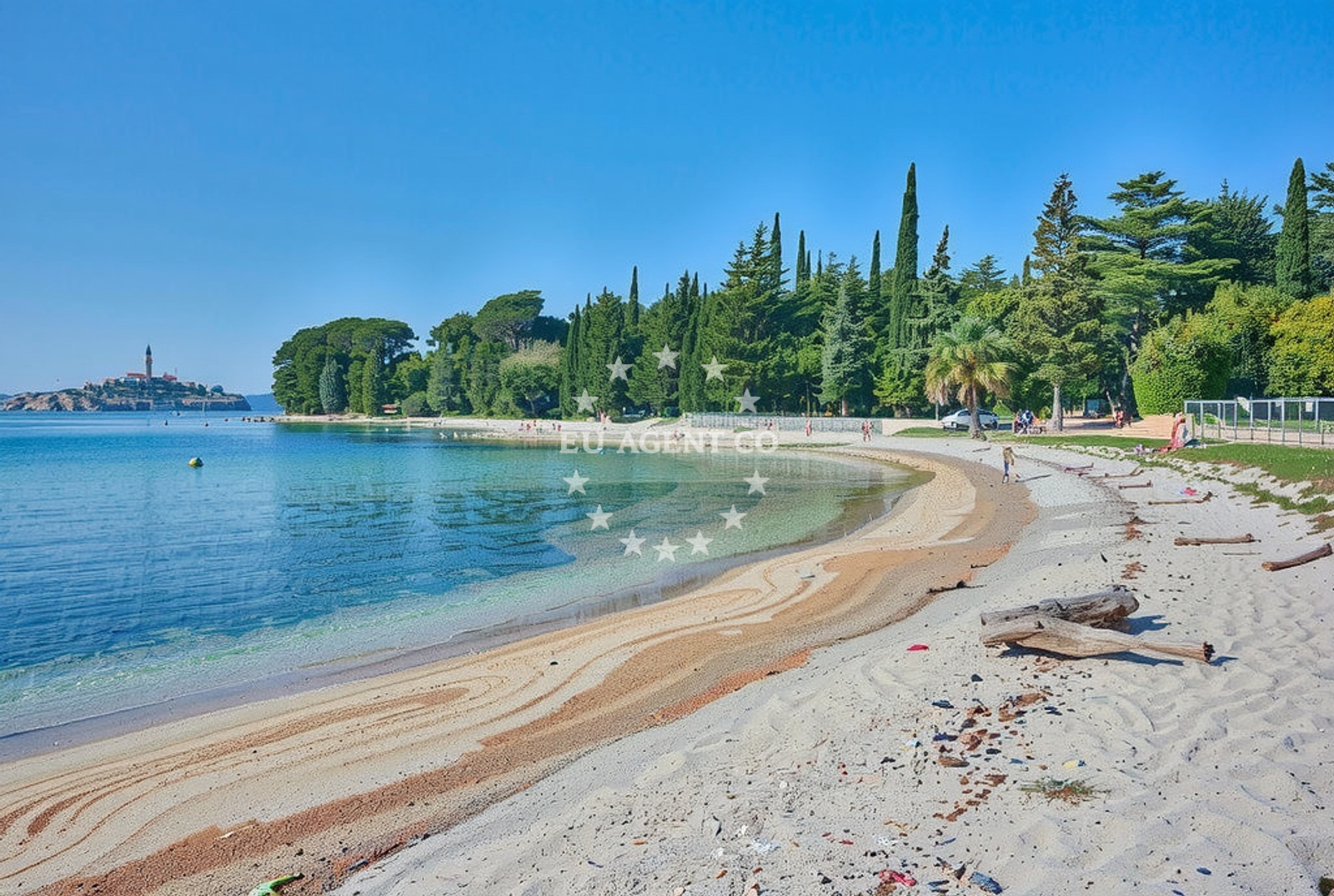 Rovinj beach near the anchorage, featuring calm waters and historic shoreline