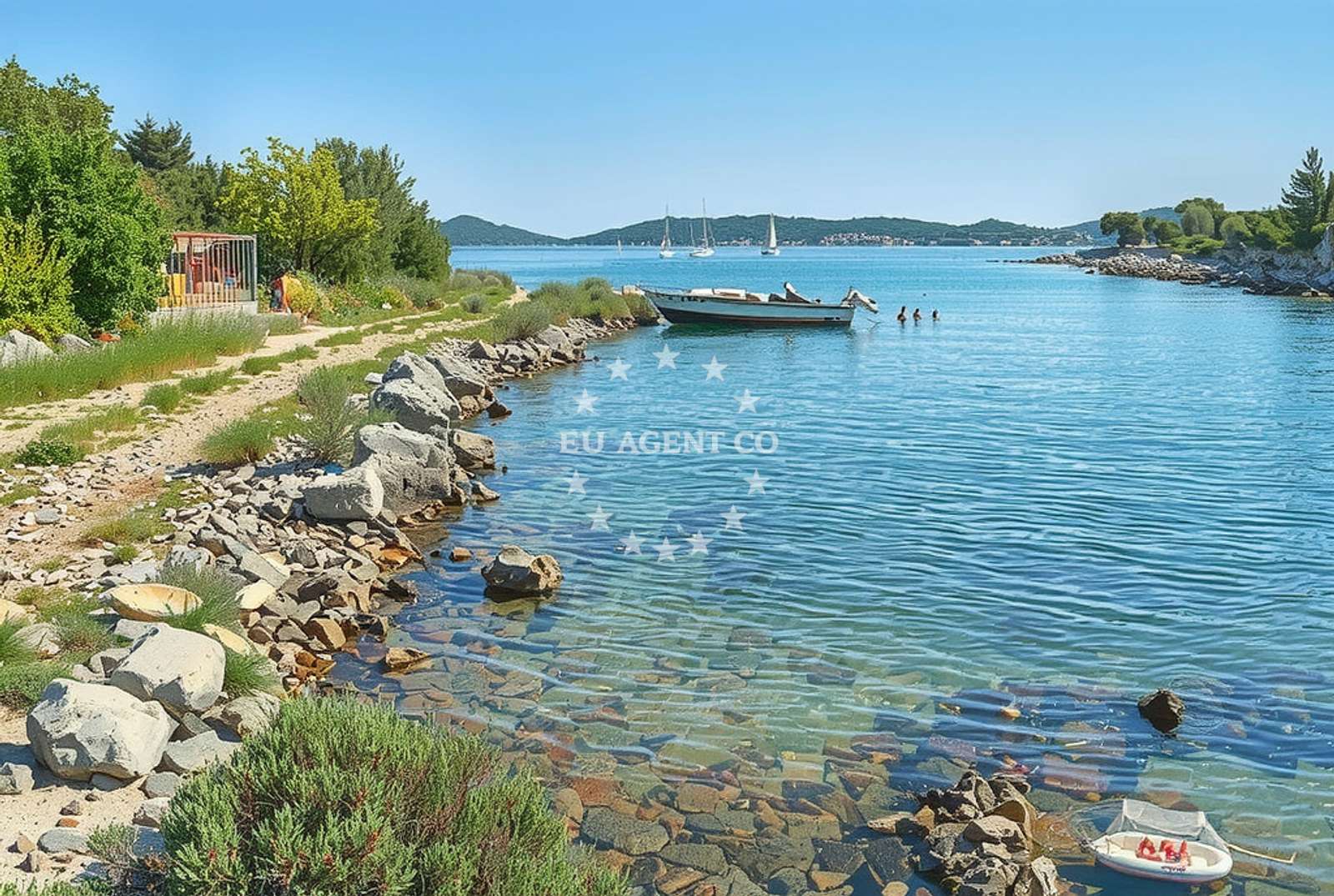 Sunset over Drage Anchorage, North Dalmatia, Croatia with nearby marinas in the distance