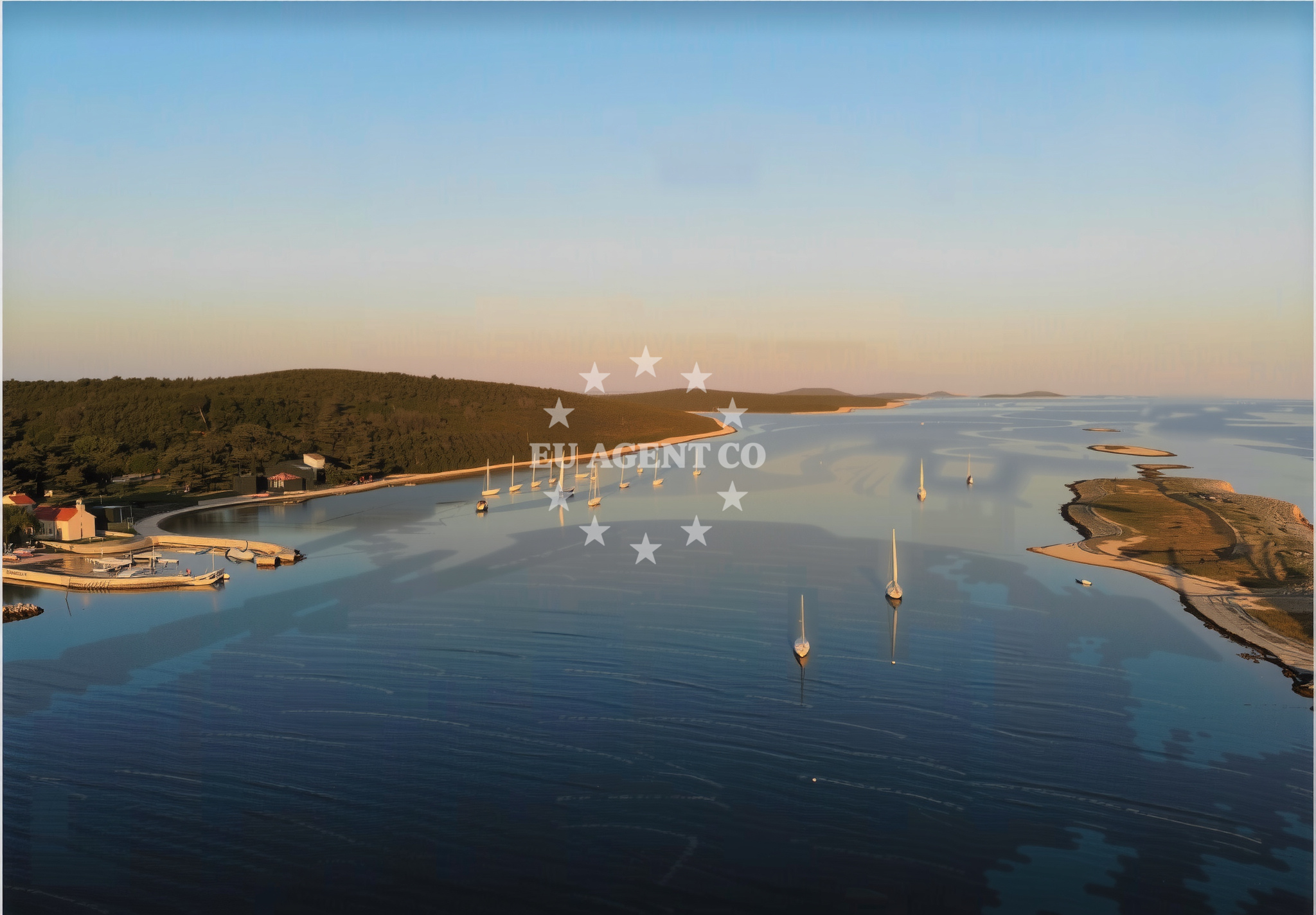 Calm waters of Mazurani Bay, North Dalmatia, Croatia with distant views of Pag Island