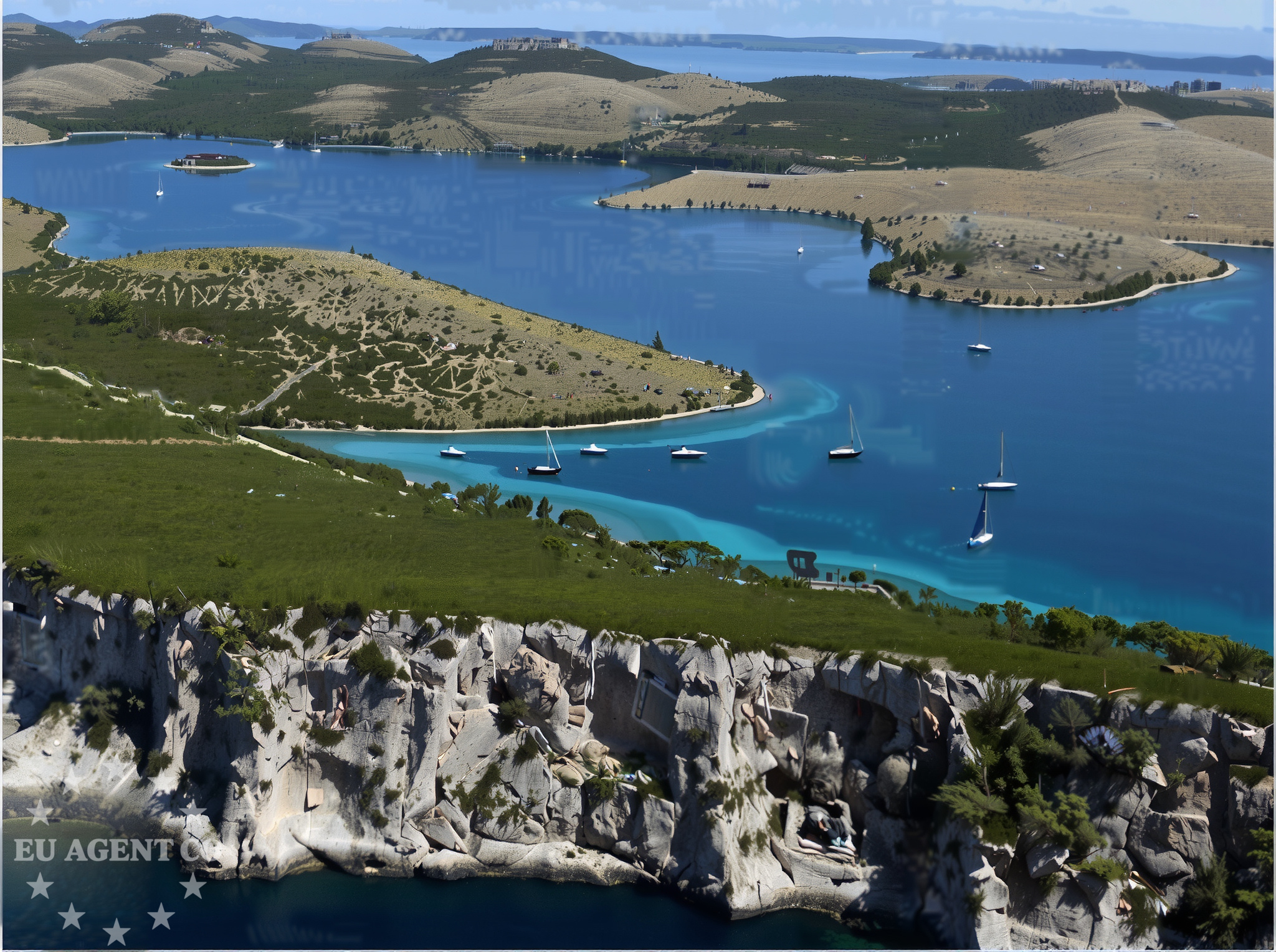 Anchorage on Pag Island with calm waters and distant view of Lusk