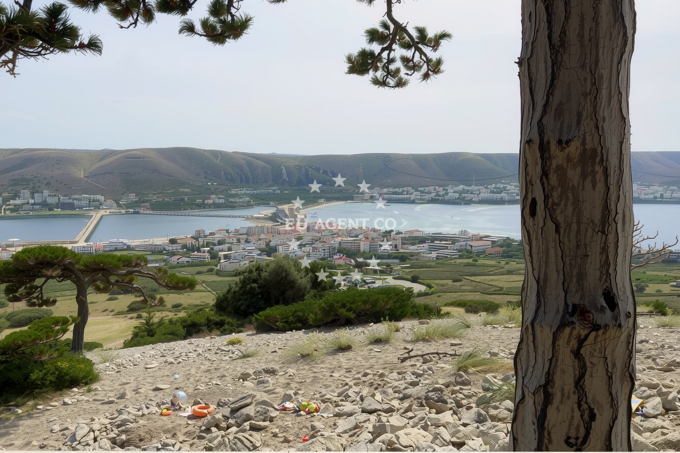 Panoramic view of Pag Island, North Dalmatia, with the Adriatic Sea in the background.