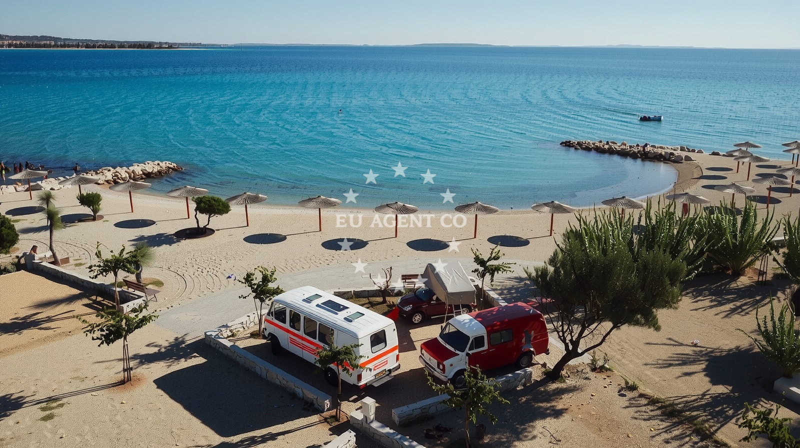 Anchorage in Novalja, Pag, Croatia with calm waters and nearby Mihovilje village