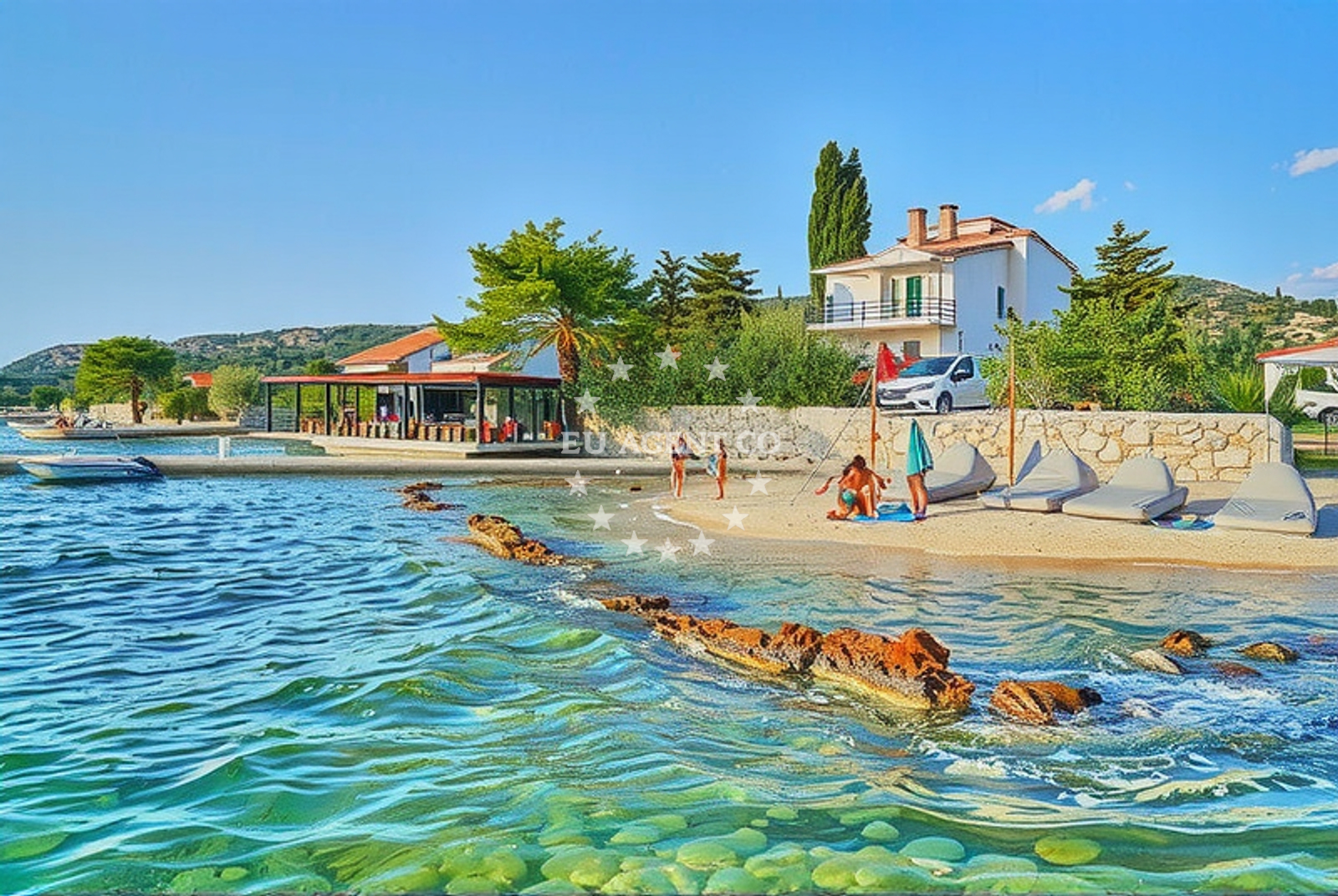 Stara Novalja anchorage on Pag Island, Croatia with calm waters and nearby coastline