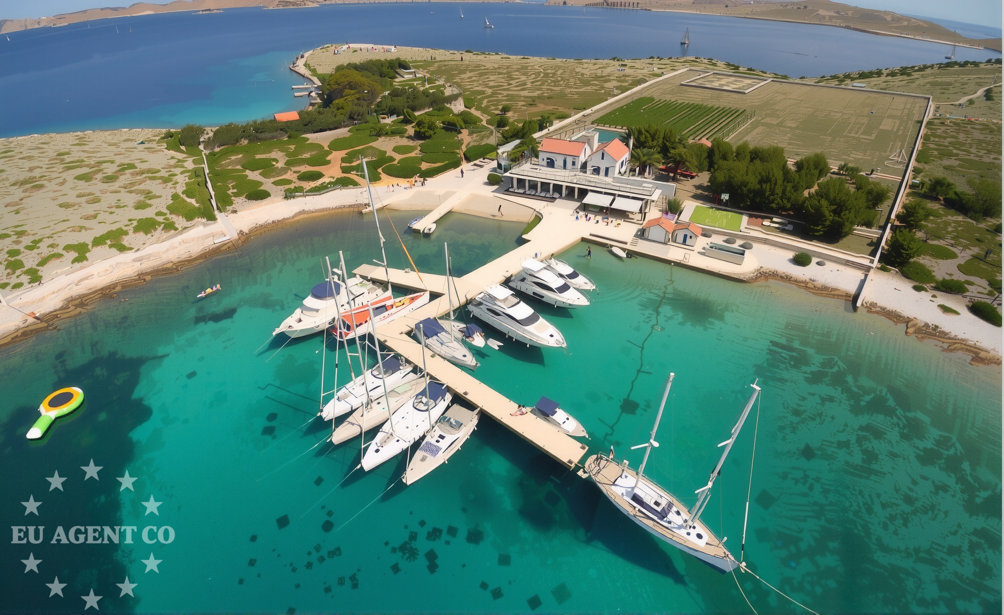 Anchorage on Ravni Zakan Island, North Dalmatia, Croatia with sandy seabed and nearby Žakan
