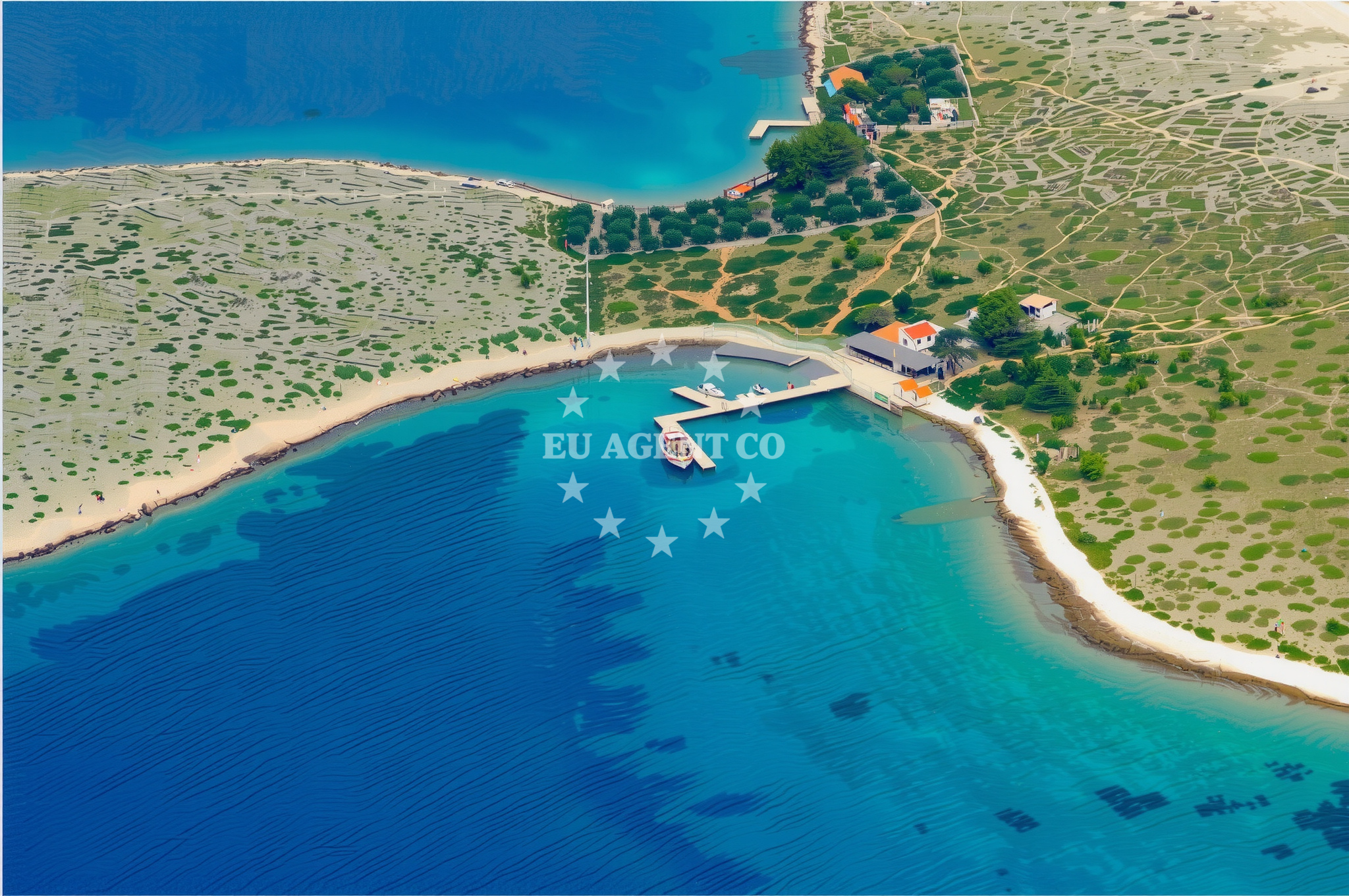 Sailboat anchored at Ravni Zakan with Kornati islands in the distance