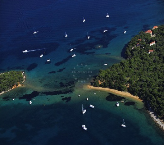 Sandy anchorage on Vrgada Island with clear waters and nearby pine trees