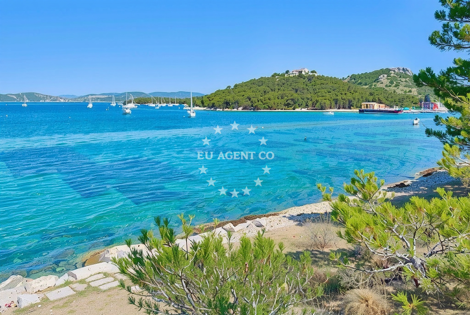 Anchorage on Vrgada Island, North Dalmatia, Croatia with nearby Sv. Andrija