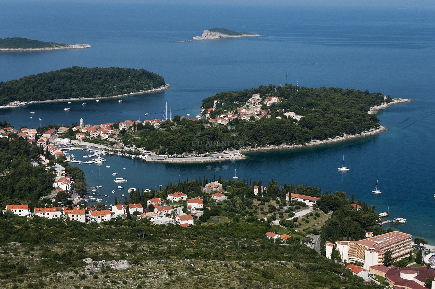 Tiha Anchorage in Cavtat, South Dalmatia, Croatia, with views of the Adriatic Sea and nearby Cavtat Airport