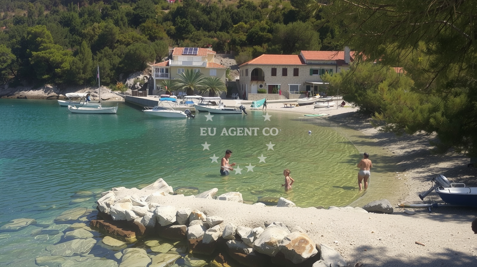Sailboat anchoring in a sheltered bay near Babina Beach, Korčula Island, Croatia