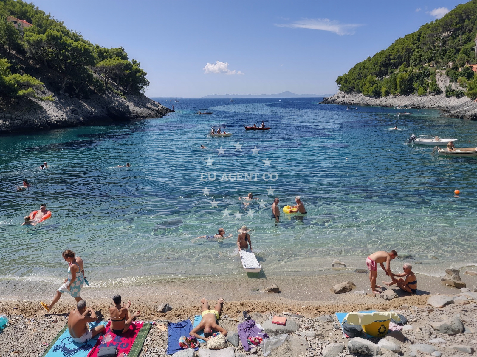 Shallow anchorage near Korcula Town, Croatia with sandy seabed and distant view of Bačvica bay