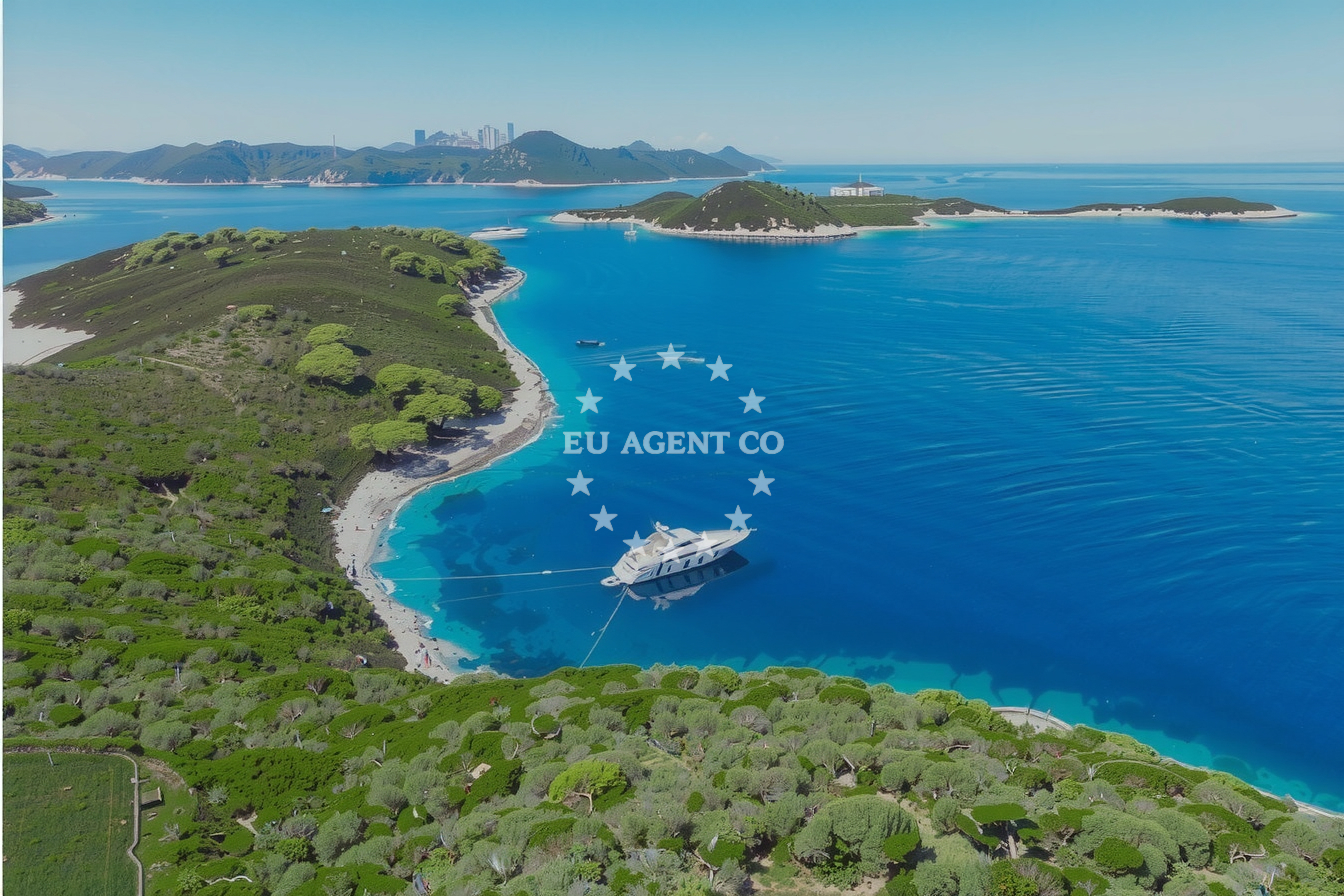 Aerial view of Lastovnjaci Island, Croatia with Saplun Anchorage in the distance