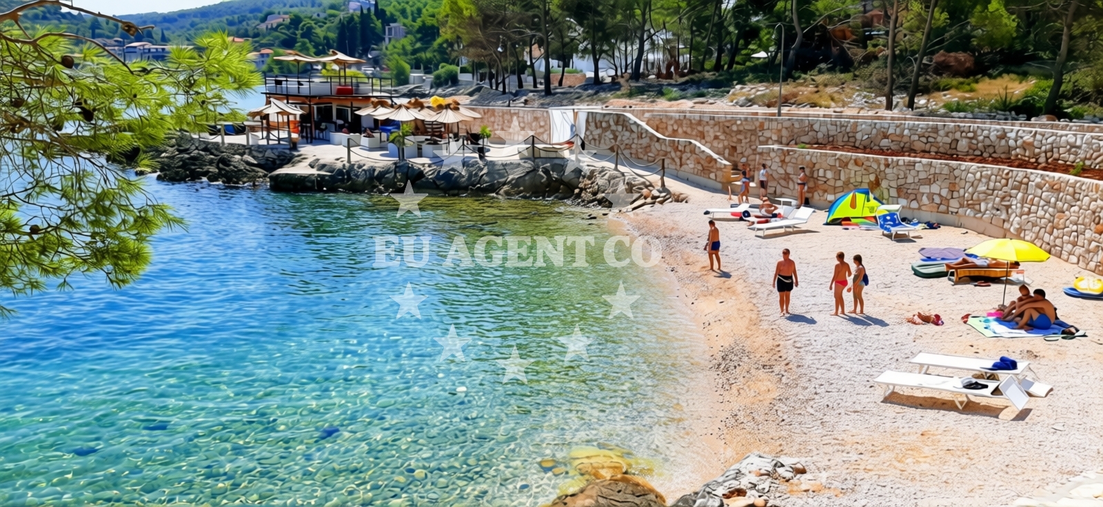 Shoreline and swimming area at Africa's beach in 39 Riva Pelegrina, Stomorska