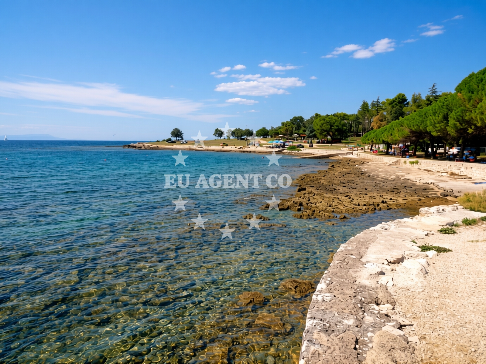 Shoreline and swimming area at Bikini beach in 27d Đuba, Umag