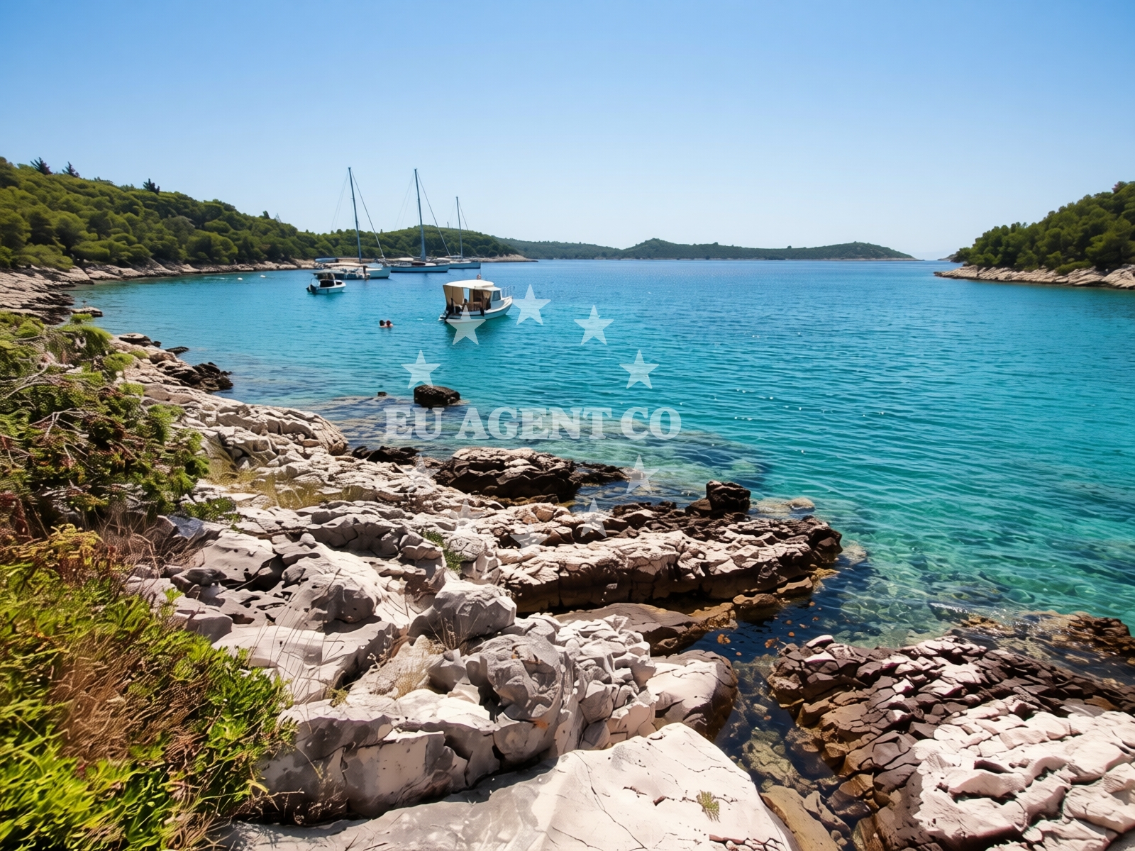 Beach facilities and surroundings at Blue Bay, Rogoznica in Uvala Soline 1, Rogoznica