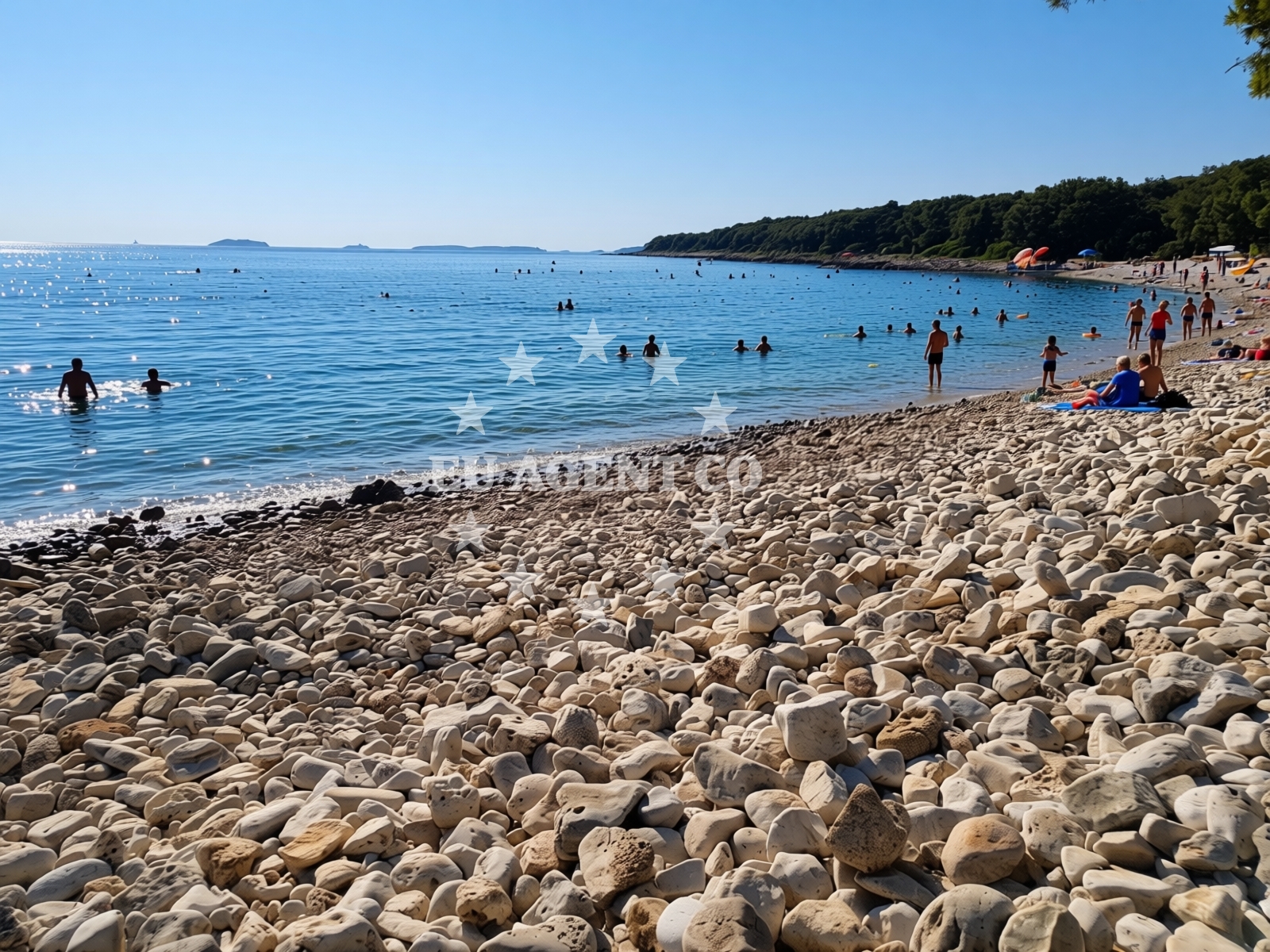 Sea and coastal view of Cisterna beach in , Rovinj