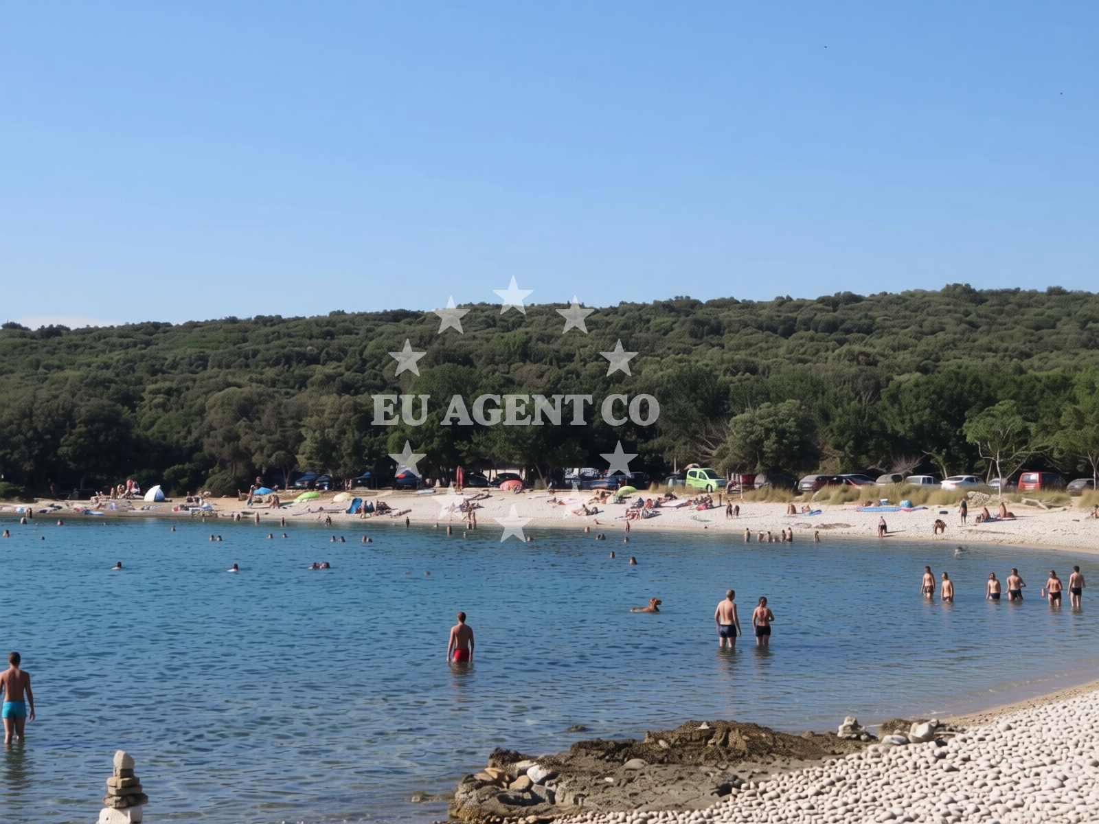 Beach facilities and surroundings at Cisterna beach in , Rovinj