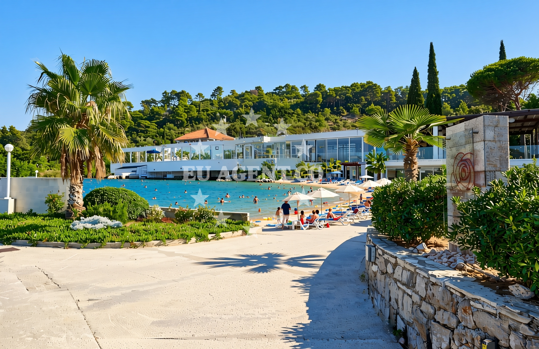 Sea and coastal view of Donje Celo beach in Gornje celo, Koločep