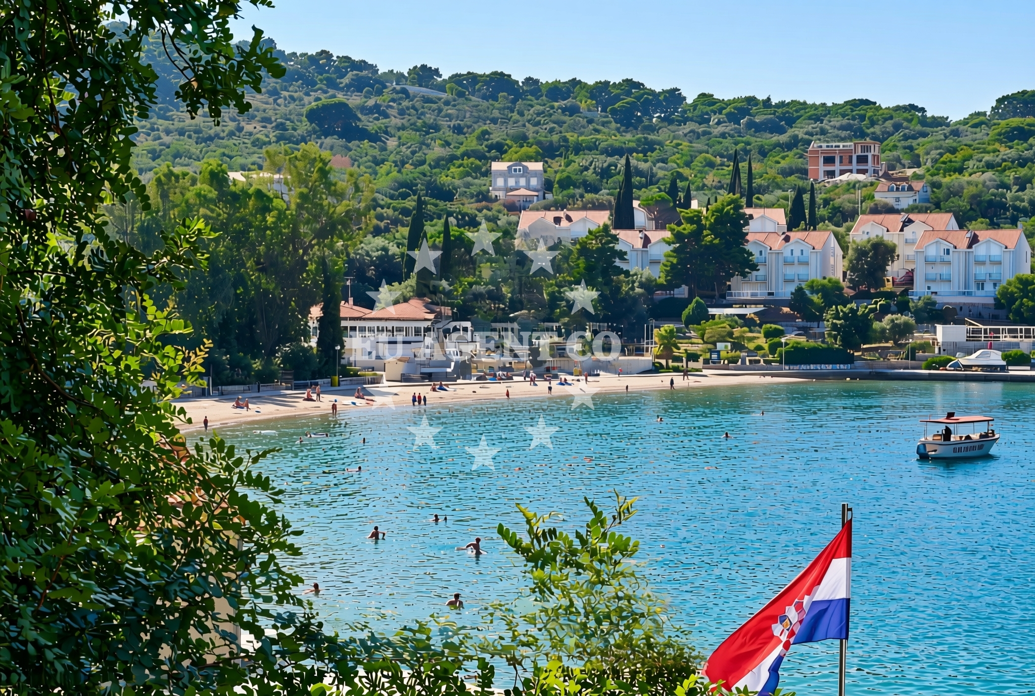 Beach facilities and surroundings at Donje Celo beach in Gornje celo, Koločep