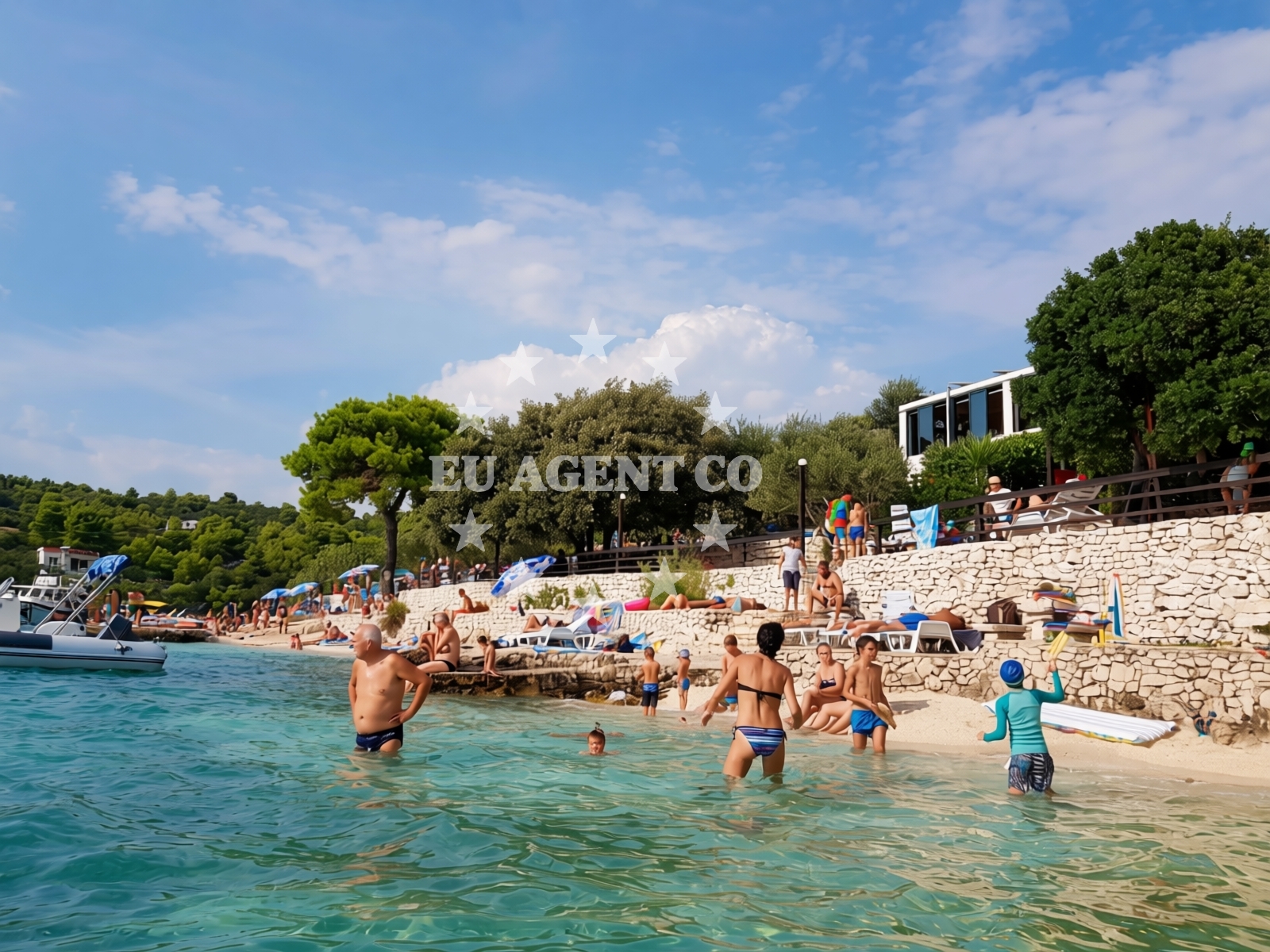 Beach facilities and surroundings at Duga beach in Uvala Duga, Okrug Gornji