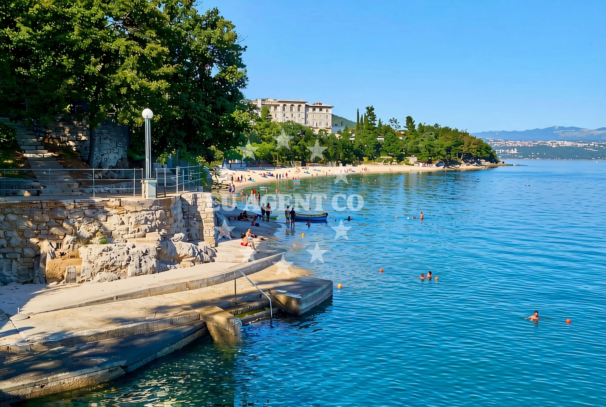 Sea and coastal view of Excelsior, Lovran Beach in Excelsior