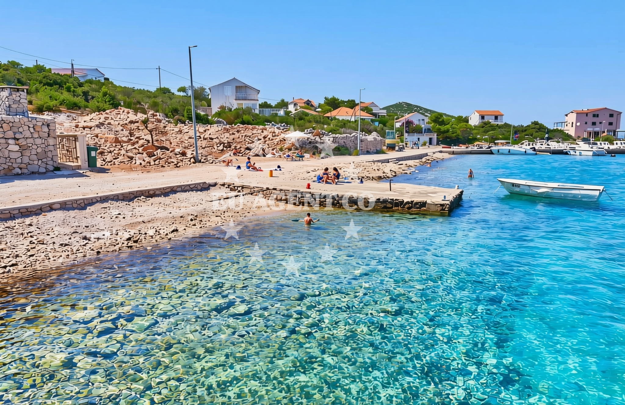 Beach facilities and surroundings at Gornji muli, Kaprije (Kaprije) Beach in Gornji muli