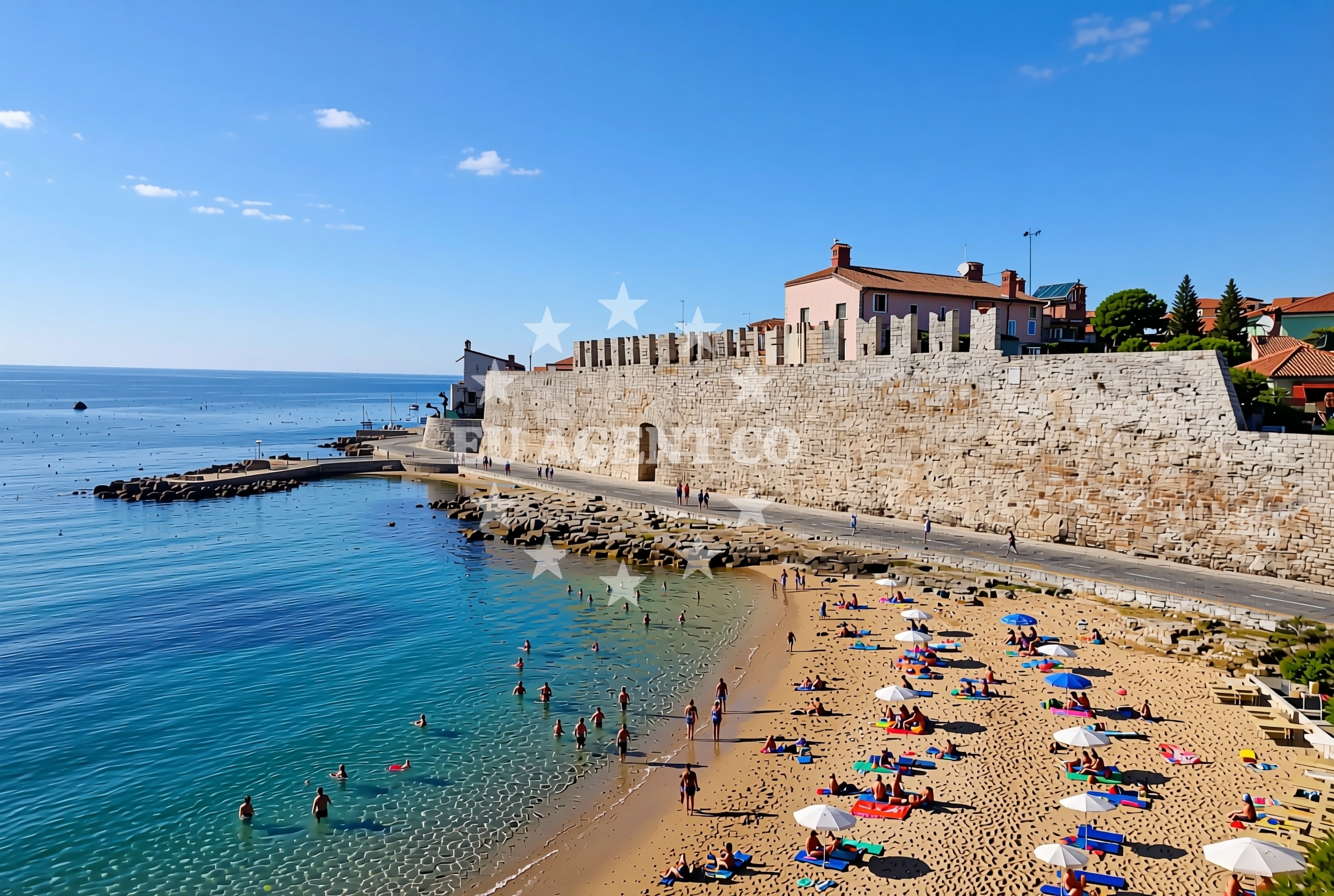 Sea and coastal view of Gradska plaža, Novigrad (Istarska županija) Beach in Gradska plaža