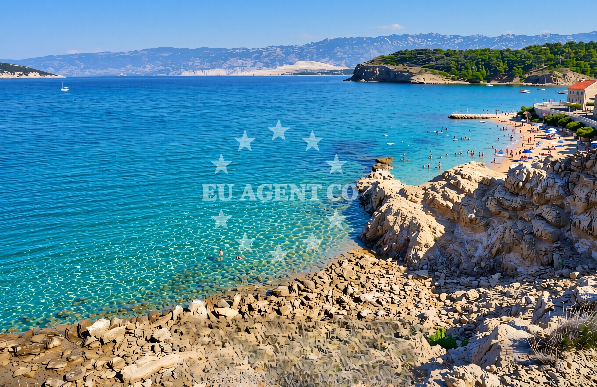 Sea and coastal view of Gros, Lopar (Rab) Beach in Gros