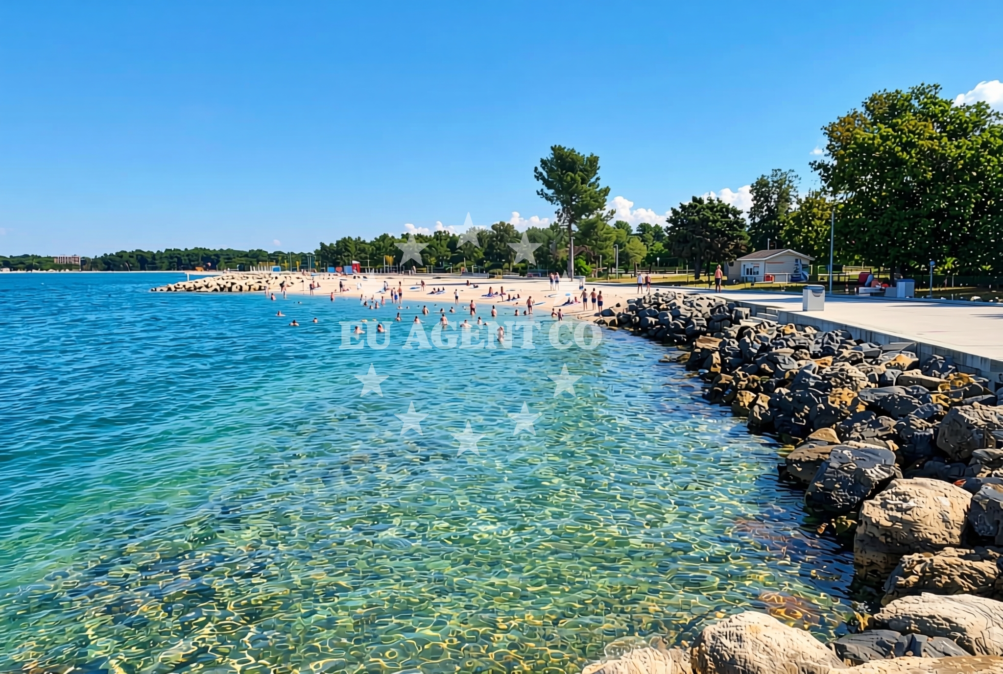 Shoreline and swimming area at Hidrobaza, Pula Beach in Hidrobaza