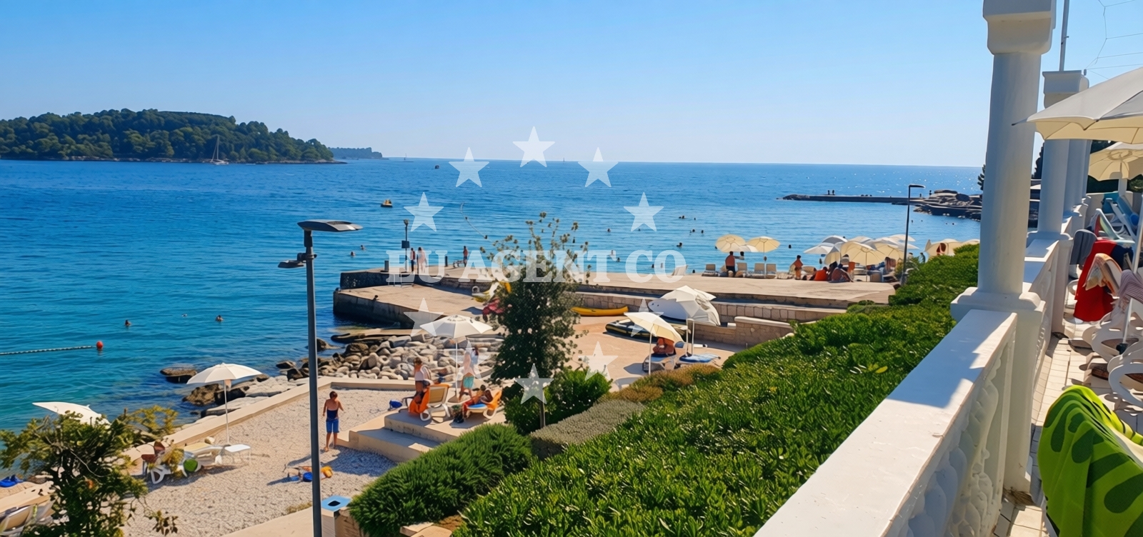 Beach facilities and surroundings at Hotel Katarina Beach in Otok Sv. Katarina, Rovinj