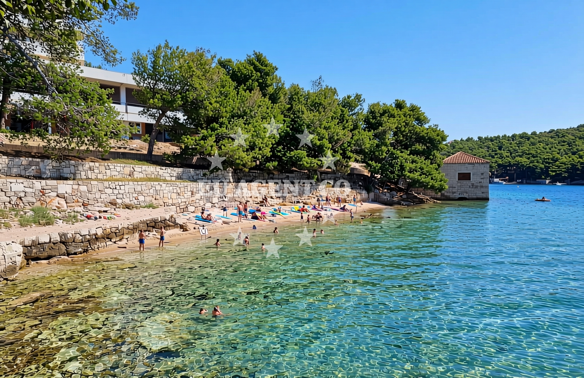 Beach facilities and surroundings at Issa, Vis (Vis) Beach in Issa