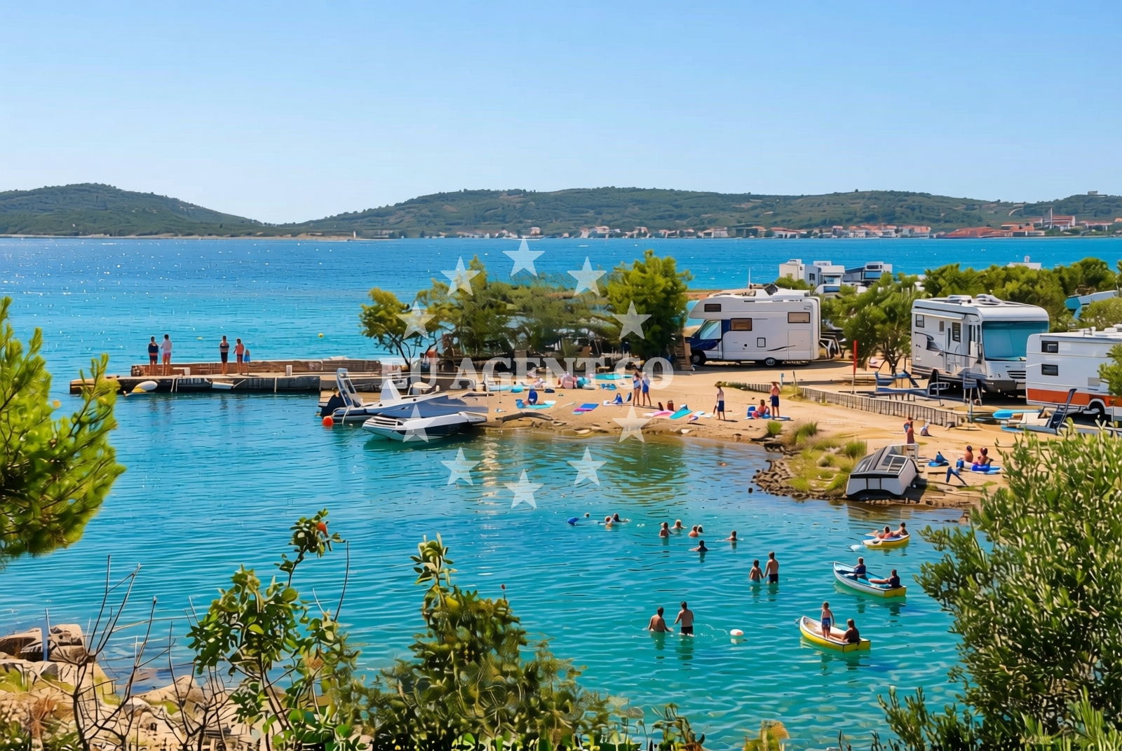 Beach facilities and surroundings at Kalebić, Betina (Murter) Beach in Kalebić